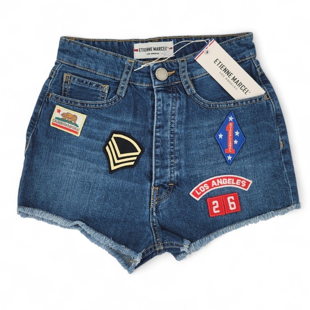 Etienne Marcel Denim Patch Shorts 24 NWT Blue High Rise‎ Distressed Festival